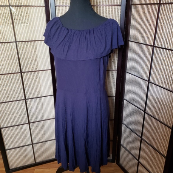 George Dark Blue Dress With Wide Gathered Top Neckline - Picture 2 of 6